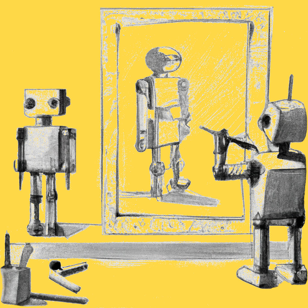 A robot is painting a painting of another robot, pencil drawn, black and white
